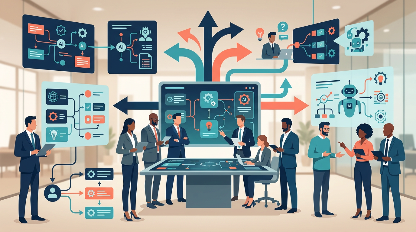 AIエージェント時代の発注戦略と意思決定を表した抽象イラスト