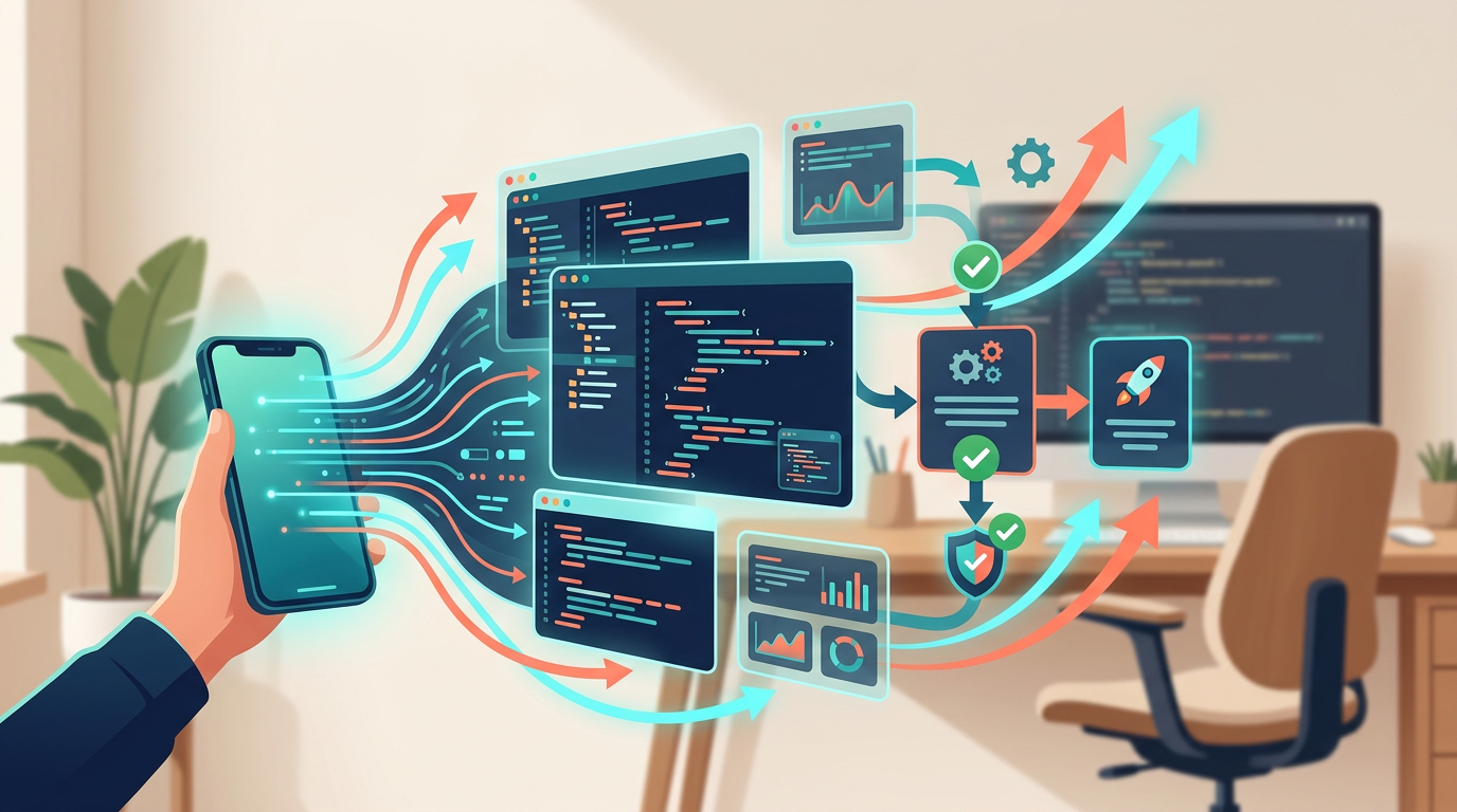 スマホからのリモート操作とAIコーディングワークフローを表現した抽象イラスト