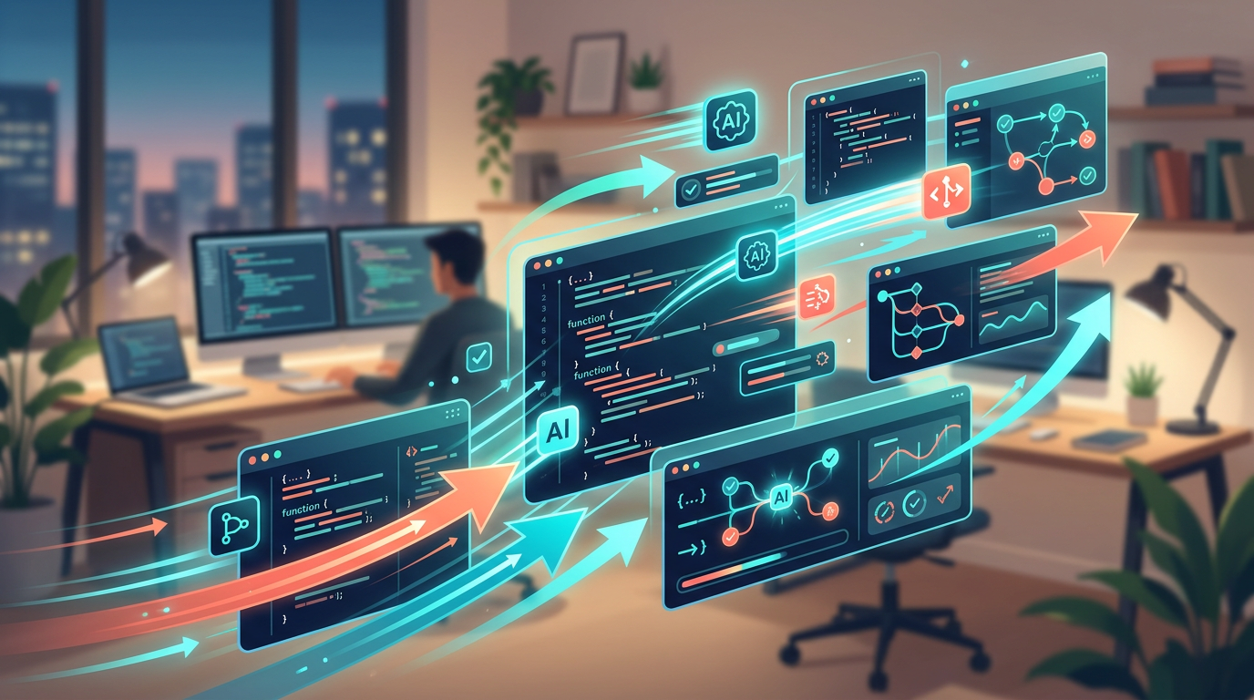 AIコーディングツールのアップデートと開発スピード向上を表現した抽象イラスト