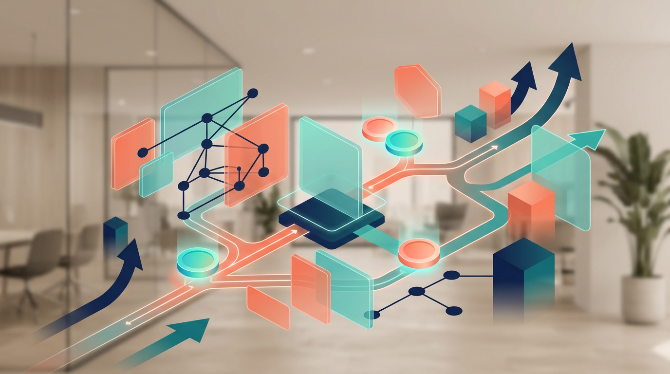 デジタル化・AI導入補助金と開発形態に応じた選択をイメージした抽象的なイラスト