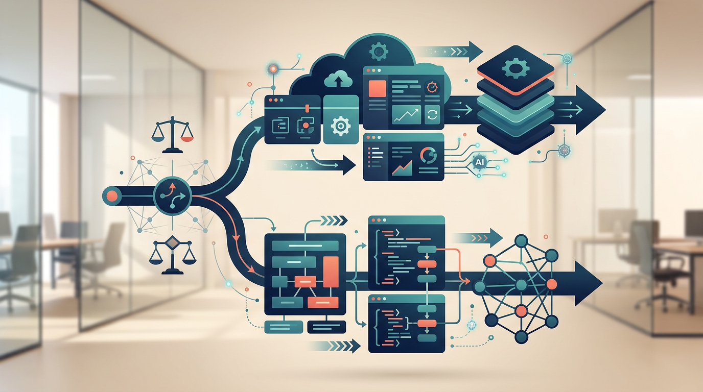 SaaSとスクラッチ開発の選択を、AI時代の速度とリスクの観点で比較する抽象イラスト